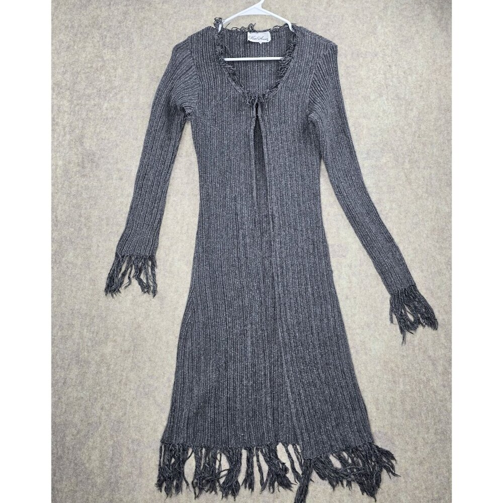 Knit Avenue Womens Ribbed Fringe Sweater Dress Gray Long Sleeve Size Large